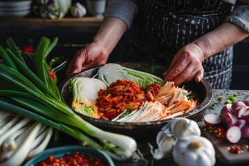 Step-by-step Process of Making Traditional Korean Kimchi in a Modern Kitchen - obrazy, fototapety, plakaty