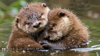  Two otters cuddling in the water, holding onto each other's backs with their paws