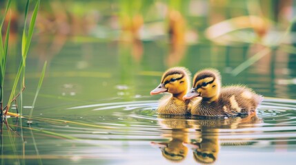  A few ducks swimming atop a serene lake, surrounded by an emerald field and swaying reeds - obrazy, fototapety, plakaty