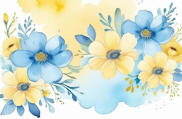 Fototapeta na wymiar Pastel blue and yellow spring flowers, painted in watercolor style, create a romantic background with space for text.
