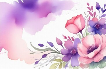 Romantic spring flowers in pastel pink and purple hues, depicted in watercolor style, offer a backdrop with space for text.