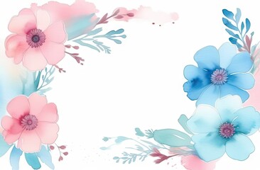 Fototapeta na wymiar A watercolor-style background showcasing romantic spring flowers in pastel pink and blue colors, with space for text.