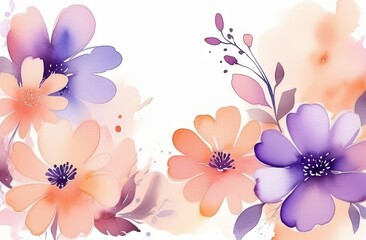 Pastel peach - fuzzy and purple spring flowers, painted in watercolor style, create a romantic background with space for text.