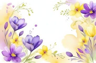 A background featuring romantic spring flowers in yellow and purple hues, watercolor style with space for text.