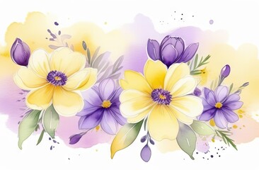 Watercolor-style illustration of romantic spring flowers in yellow and purple hues.
