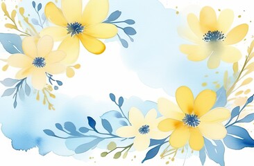 Fototapeta na wymiar A background featuring romantic spring flowers in pastel blue and yellow hues, watercolor style with space for text.