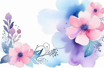 Fototapeta na wymiar Watercolor-style illustration of romantic spring flowers in pastel pink and blue hues, featuring space for text.