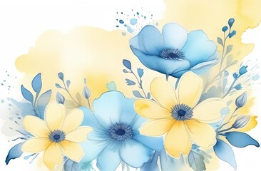 Soft and delicate spring flowers in pastel blue and yellow shades form a romantic backdrop, watercolor-style, with text space.