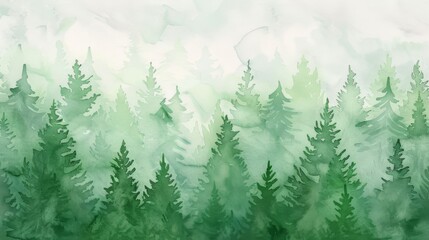 Fototapeta premium Watercolor painting of an evergreen forest bathed in the mist of early morning, with varying shades of green and a soft wash background that suggests a serene dawn.
