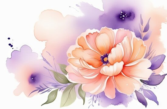 Watercolor-style illustration of romantic piones flowers in pastel peach - fuzzy and purple hues, featuring space for text.