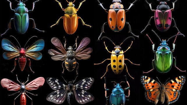 insects set collection. Isolated on black background Generative ai animal