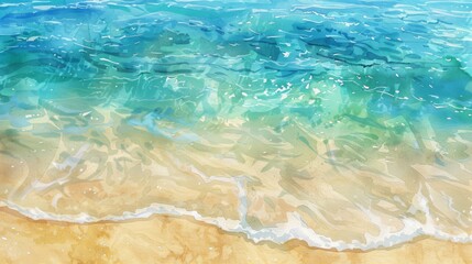 Fototapeta na wymiar Vibrant watercolor painting of a beach with crystal blue waters meeting golden sands, perfect for tropical themes and travel designs.