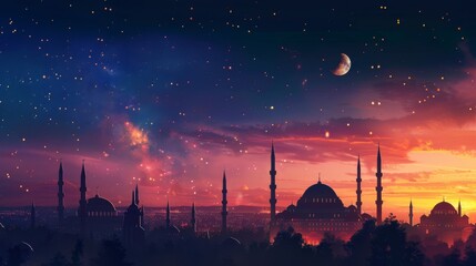 Stock illustration of a tranquil Islamic holy night, with mosques silhouetted against a sky transitioning from a starry night to a sunrise glow, symbolizing hope and the beginning of a new day. - obrazy, fototapety, plakaty
