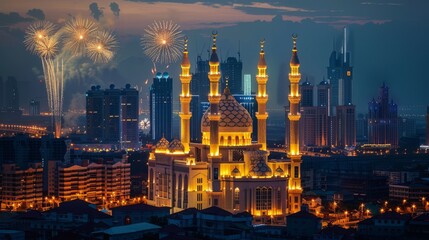 Fototapeta na wymiar Photo of a city skyline at dusk during Eid al-Adha, with mosques illuminated and fireworks in the background, highlighting the communal spirit and festive mood.