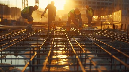 e workers on a construction site tying rebar,morning, sunny, workers in good working shape, Hyper realistic , Super-Resolution - obrazy, fototapety, plakaty
