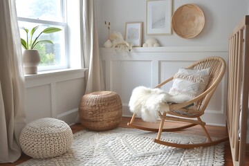 : A Scandinavian-inspired nursery decorated in a soothing palette of soft pastels and natural textures. A cozy rocking chair and a plush rug create a nurturing environment for a newborn. - obrazy, fototapety, plakaty