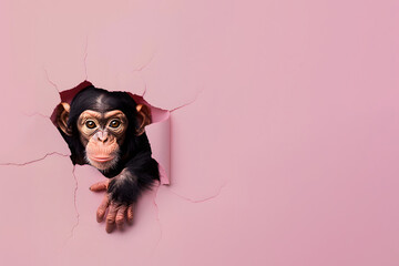 
Cute little monkey, chimpanzee, face and hand peeking through torn pastel pink wallpaper. - obrazy, fototapety, plakaty