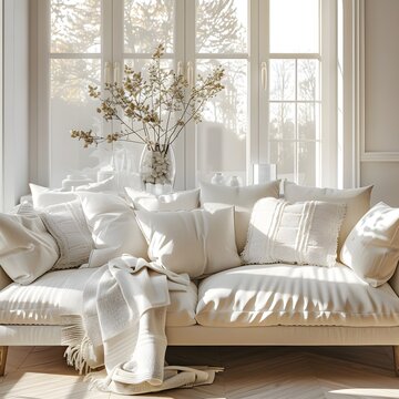 close-up image of a beige fabric sofa adorned with terra cotta pillows, set against the backdrop of a modern living room with boho-style interior design.	