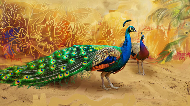 Gorgeous peacocks on watercolor orange background, idea for interior decoration or wallpaper