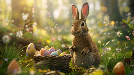 Fototapeta na wymiar Cute Easter Bunny with A Basket of Easter Eggs Easter Holiday Happy Easter Aspect 16:9