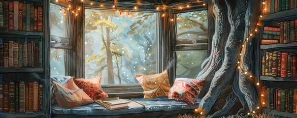 Watercolor illustration of a summer reading nook in a treehouse, adorned with pastel fairy lights and cushions - obrazy, fototapety, plakaty
