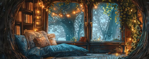 Watercolor illustration of a summer reading nook in a treehouse, adorned with pastel fairy lights and cushions