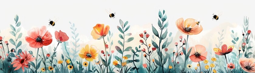 Summer watercolor garden, cartoon bees buzzing around pastel flowers - obrazy, fototapety, plakaty