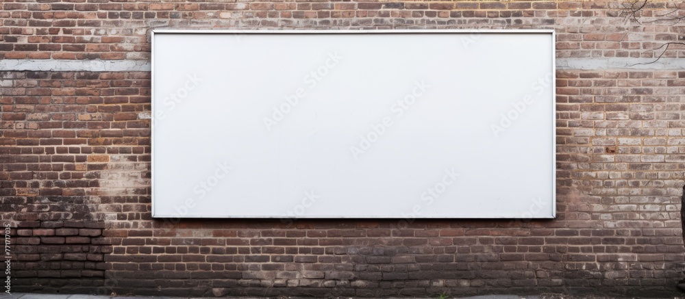 Poster a brown rectangular wooden billboard hangs on a brick wall, blending with the building material and 