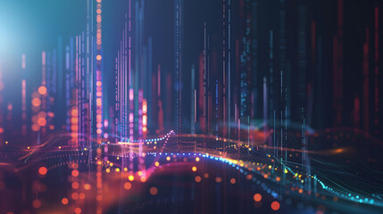 Fototapeta na wymiar Visualization of a data network using colorful dots on a wavy surface and forming straight lines rising upwards, abstract background created with generative AI technology 