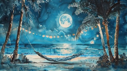 A serene watercolor scene of a pastel hammock strung between palm trees, adorned with delicate Christmas lights, under a full moon