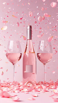 pink confetti, two wine glasses and a bottle of pink rose