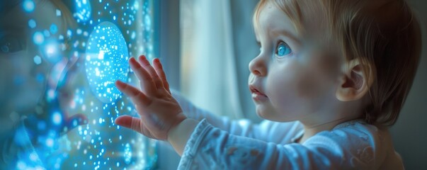 A baby reaching out to touch a blue digital orb, capturing the early interaction with technology - obrazy, fototapety, plakaty