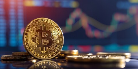 Bitcoin in front of financial graph with up trend line candlestick chart in stock market