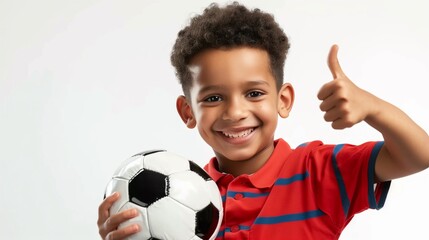 Happy confident Latino sport boy thumb up holding a soccer ball isolated on white background,...