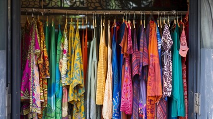 Colorful woman's dressing clothes on hangers on rack displayed in the modern boutique shop, woman shopping concept.