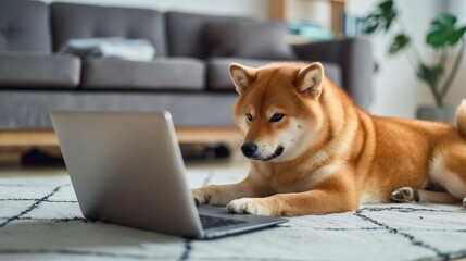 Curious Shiba Inu dog puppy playing laptop on carpet in modern home background, funny animal pet portrait at home, copy space.