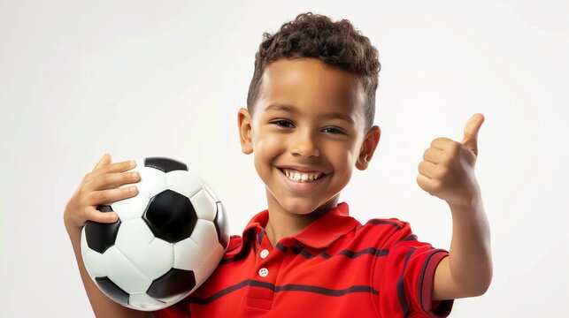 Happy confident Latino sport boy thumb up holding a soccer ball isolated on white background, concept of sport, success, celebration, happiness.
