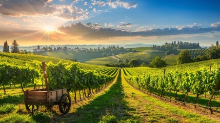  The sun sets over a vineyard with a wagon in the foreground and rolling hills in the background