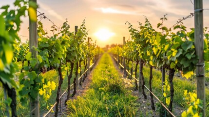  The sun is sinking in the background over a vineyard with vines in the foreground and grass in the foreground