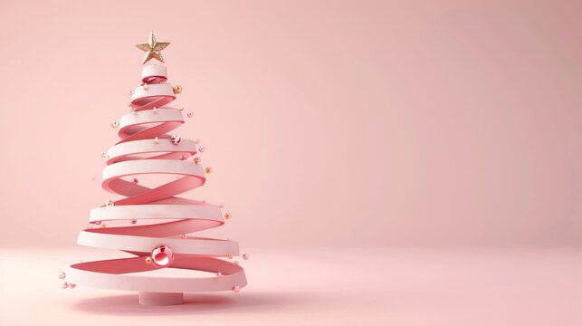 A cute Christmas tree with spiral decoration on a pink background featuring geometric shapes in a minimalist style
