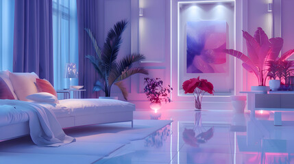 A tranquil room adorned with bursts of vibrant cobalt and fuchsia, casting a radiant and inviting ambiance against the clean white backdrop - obrazy, fototapety, plakaty