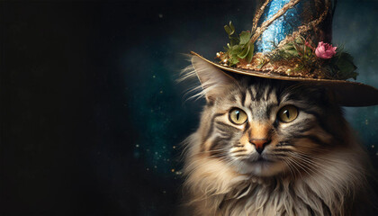 Magical cat wearing a hat from a fairy tale. - obrazy, fototapety, plakaty
