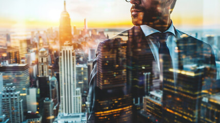 Double exposure of businessman and cityscape background. Concept of success in business. AI. - obrazy, fototapety, plakaty