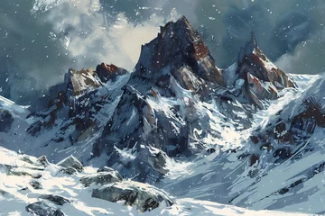 Zelfklevend Fotobehang : A snowy mountain scene with stark contrast between the white snow and the dark rocks © crescent