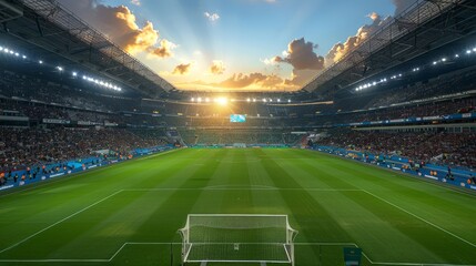 Soccer stadium filled with fans under a sunset sky. The golden hour at a sports arena during a match. Concept of sporting events, fan excitement, soccer matches, and stadium architecture. - obrazy, fototapety, plakaty