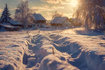 : A snowy village, with footprints and snowflakes in the air, about to be covered by new snow - obrazy, fototapety, plakaty