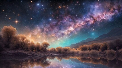 Flowing gracefully through the celestial expanse of a distant galaxy, the river shimmers with iridescent hues. - obrazy, fototapety, plakaty