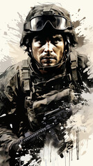Naklejka premium Soldier in Combat Gear Watercolor Art