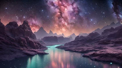 Zelfklevend Fotobehang Flowing gracefully through the celestial expanse of a distant galaxy, the river shimmers with iridescent hues. © Sawyer0