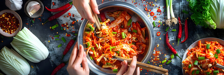 Step-by-step Process of Making Traditional Korean Kimchi in a Modern Kitchen - obrazy, fototapety, plakaty